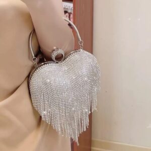 luxury wedding party diamond clutches for women creative heart shape rhinestone bag crystal tassel purses handbags