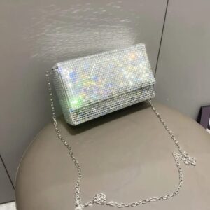 luxury designer evening clutch bag and handbag shoulder bag handle rhinestones silver shiny crystal wedding purses