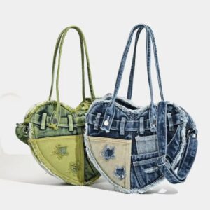 retro denim handbag with heart pattern womens crossbody shoulder tote large capacity casual fashion bag