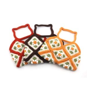 new design handmade cat head handle flower crochet patch work crochet women handbags