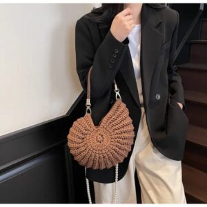 women handwoven tote chunky yarn crochet crossbody shoulder bag knit woven seashell bag with pearl strap