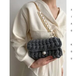 women's handwoven evening pearl flap shoulder bag chunky yarn knit crochet tote purse crossbody polyester pu button fashion