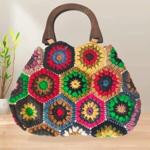 bohemian knitted hand bag wooden handle vintage boho bags crochet bags handmade handbag women